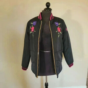 Black Winter Jacket with Floral Embroidery